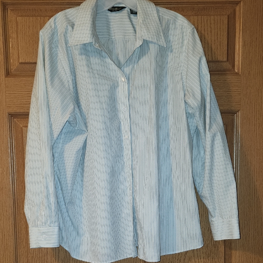 Eddie Bauer Dusty Blue And Sage Green Striped Dress Shirt